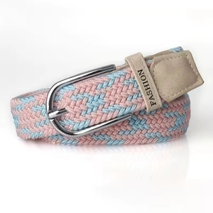 Elastic braided belt in pink and light blue weave with silver metal buckle and leather trim