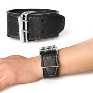 Men Trendy Hip Hop Punk Wide PU Leather Watch Band Sports Casual Double Buckle Wristband Strap Black Fashion Accessory