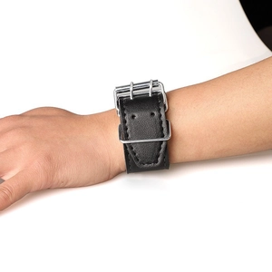 Black leather 23mm watch strap with silver double prong buckle for men hip hop style