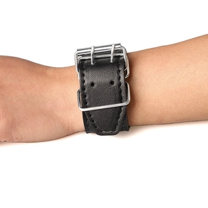 Fashionable punk style 23mm black leather watch strap with double silver pin buckles
