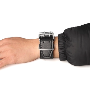 Men's 23mm black leather wide sports watch band with dual silver buckle industrial design