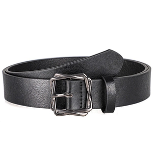 Detailed close-up of a black leather belt featuring a gunmetal square pin buckle design