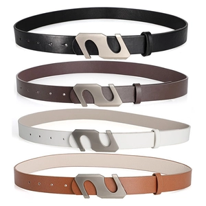 Minimalist S-shaped metal buckle thin belts in black, brown, white and tan colors