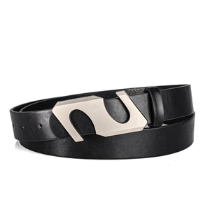Close-up of black leather belt with a modern matte silver S-shaped geometric buckle