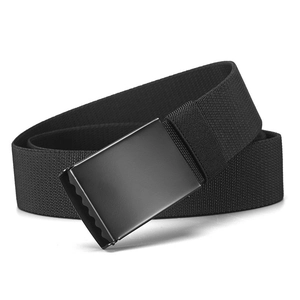 Detail of black woven elastic tactical belt featuring a matte metal buckle and nylon texture