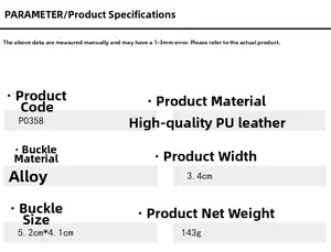 Detailed sizing chart for PU leather belt with 5.2x4.1cm alloy buckle and 3.4cm width