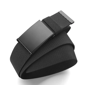 Close-up of black elastic woven nylon belt featuring a matte black metal buckle detail