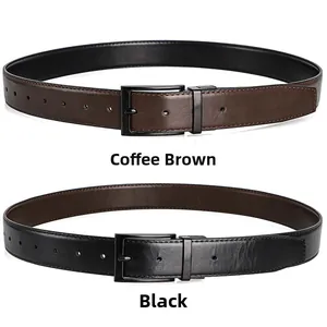 Close-up of matte black buckles on textured black and coffee leather belts for men