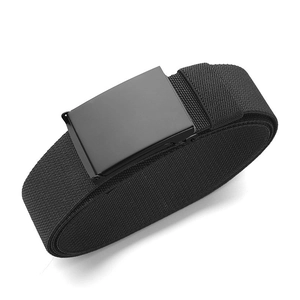 Close-up of black elastic woven tactical belt with a matte black smooth metal buckle