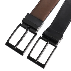 Detailed view of classic men leather belts in black and dark coffee with matte metal pin buckles