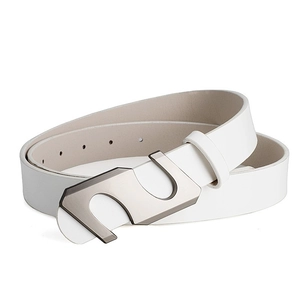 Women fashion white leather belt with a dark grey S-shaped metal buckle for jeans