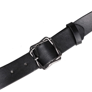 Close-up of black leather belt with a modern gunmetal geometric buckle on white background