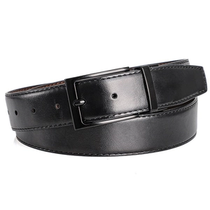 Detailed shot of black leather belt with matte metal buckle and reinforced stitching