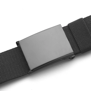 Close-up of a tactical black woven nylon belt with a matte black metal square buckle