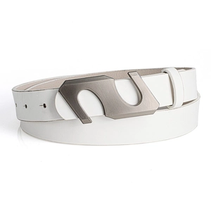 Detail view of white leather belt featuring a unique S-shaped matte grey metal buckle
