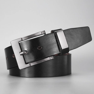 Classic black leather belt with gun-grey brushed metal buckle for men's business style