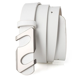 Close-up of white leather belt with a large silver geometric S-shaped buckle