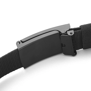 Macro detail of high-density black nylon tactical belt with matte zinc alloy buckle
