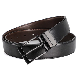 Detail view of reversible men's leather belt showing black and brown sides with stitching