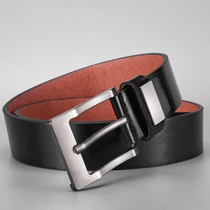 Classic men's black leather belt with vintage matte silver buckle shown at 45 degree angle