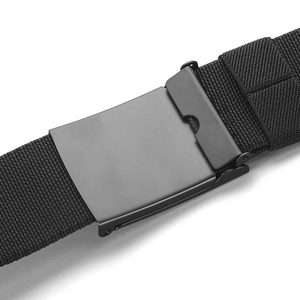 Close-up of matte black metal buckle on durable nylon braided tactical belt for men