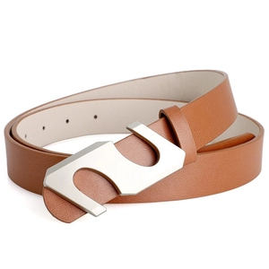 Detailed macro view of brown leather belt with silver S-shaped buckle and fine stitching