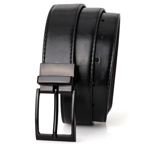 Detailed view of luxury men's black leather business belt with a matte black alloy buckle
