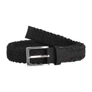Close-up of black braided elastic belt with silver metal buckle on white background