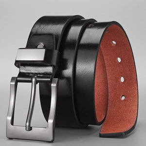 Classic men's black leather belt with brushed silver pin buckle for business casual style