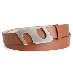 Minimalist brown leather waist belt with modern S-shaped matte silver metal buckle for women