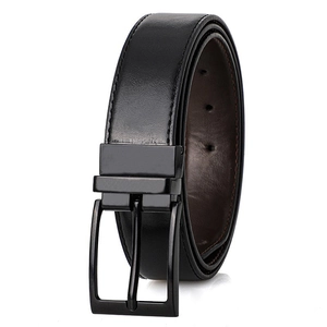 Close-up of black leather belt for men with matte metal pin buckle and smooth finish
