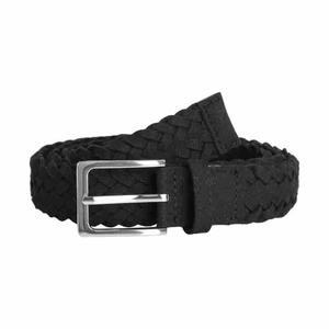Close-up of black woven belt texture with a silver rectangle metal pin buckle