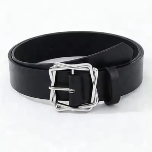 Minimalist black leather belt with unique silver interlocking square buckle for jeans