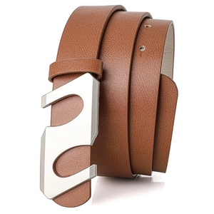 Close-up of brown leather belt with lychee texture and silver S-shaped metal buckle