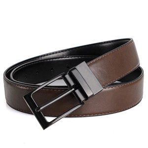 Classic men's dark brown leather belt with black rotating pin buckle for business casual style