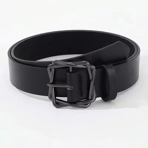 Unisex black leather belt with gunmetal square frame buckle for casual jeans outfits