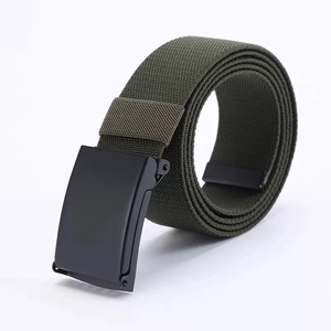 Detailed view of army green tactical woven belt with matte black automatic metal buckle