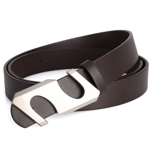 Detailed view of dark brown leather belt with matte silver S-shaped buckle and texture