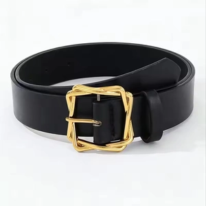 Minimalist black leather belt with a modern golden geometric square buckle for women and men