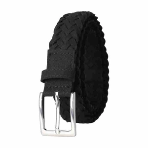 Detailed macro of black woven belt with vintage silver square buckle on white backdrop
