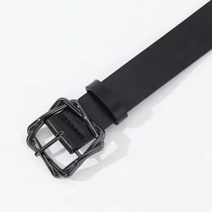 Unisex black minimalist leather belt with interlocking gunmetal square buckle detail