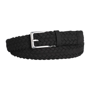 Close-up of black hand-woven belt with vintage silver metal pin buckle for jeans