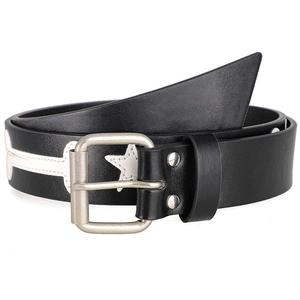 Black leather belt with white star and bone patches and a silver metal buckle