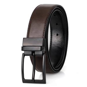 Detailed close-up of dark brown leather belt with matte black pin buckle and fine stitching