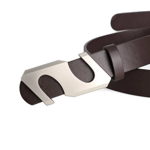 Detailed close-up of matte silver geometric buckle on a dark brown leather belt