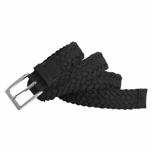 Close-up of hand-woven black leather belt with a vintage silver metal pin buckle