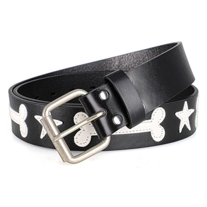 Women's black leather belt with white star and bone patches and a silver buckle