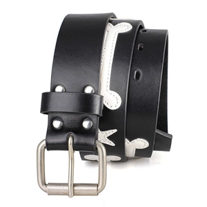 Gothic black leather belt with white bone star appliques and silver buckle for jeans