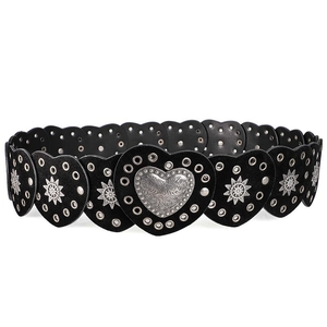 Bohemian black leather belt with heart-shaped metal studs and western style buckle