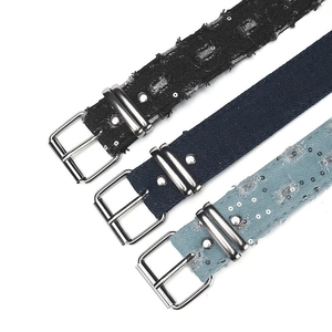 Punk style denim waist belts with hollow star eyelets and distressed fringe in three colors